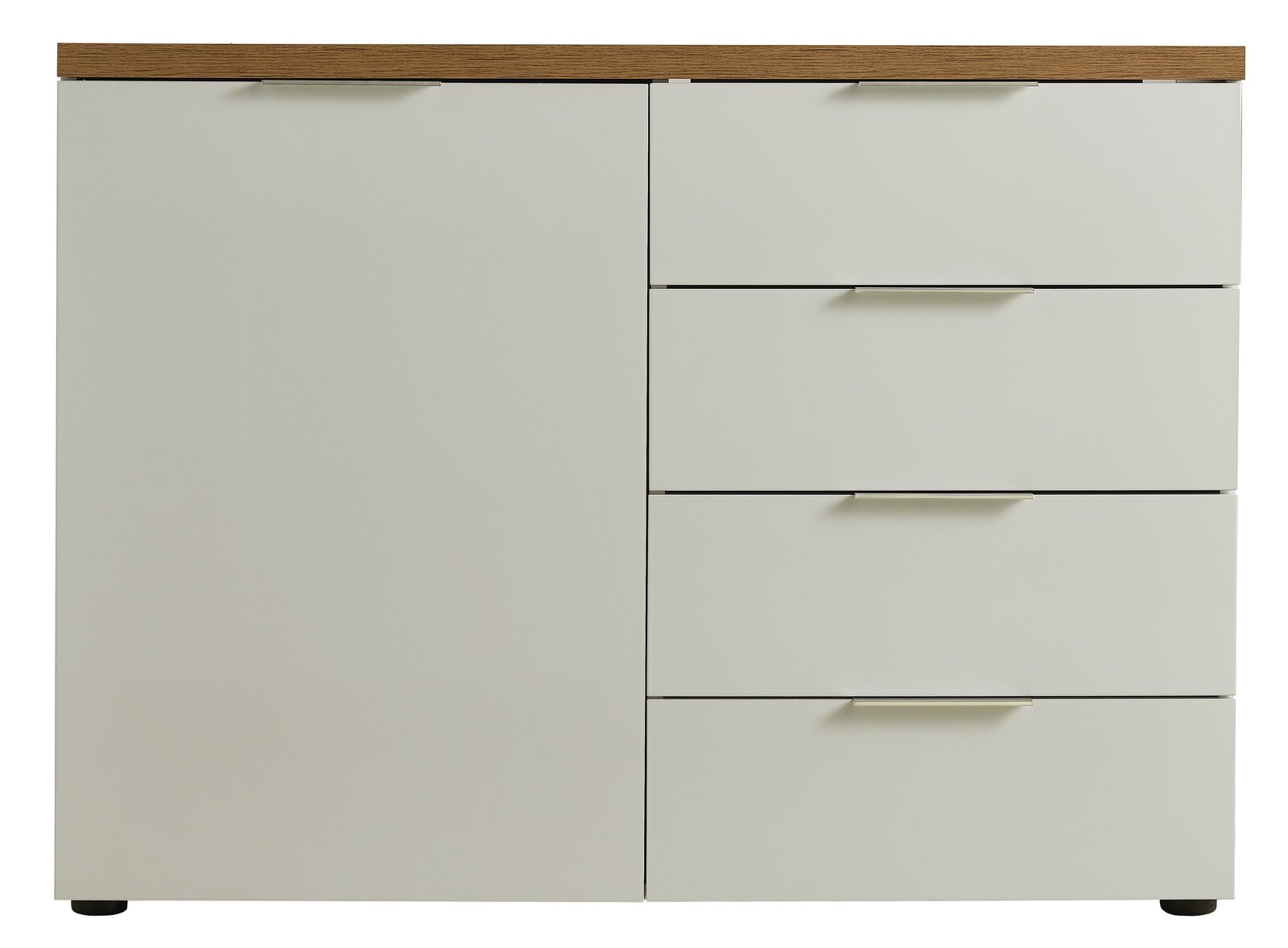 Frontale Ansicht einer modernen Kommode mit einer Tür und drei Schubladen, in hellem Beige mit einer Holzoberfläche.