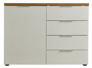 Frontale Ansicht einer modernen Kommode mit einer Tür und drei Schubladen, in hellem Beige mit einer Holzoberfläche.