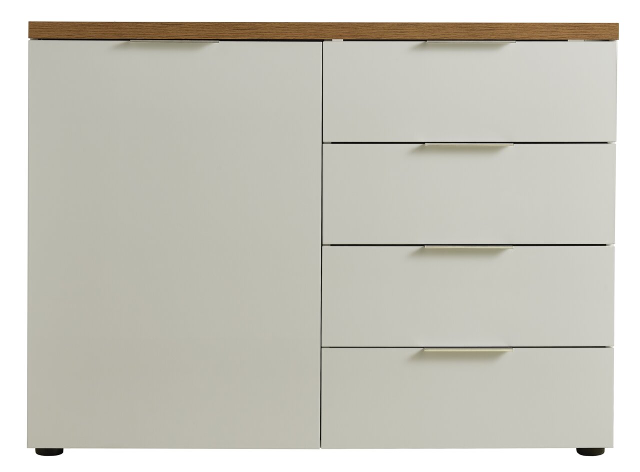Vooraanzicht van een moderne ladekast met één deur en drie lades, in lichtbeige met een houten afwerking.