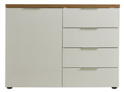 Vooraanzicht van een moderne ladekast met één deur en drie lades, in lichtbeige met een houten afwerking.