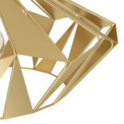 Nahaufnahme einer goldenen, geometrischen Deckenleuchte CARLTON mit dreieckigen Formen und moderner Ästhetik, seitliche Perspektive.