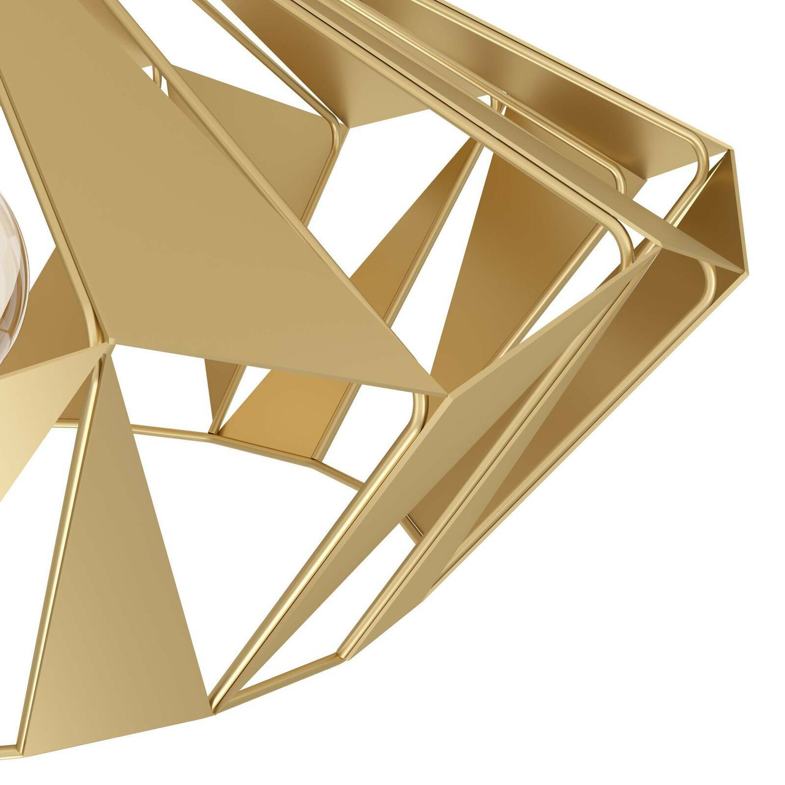 Nahaufnahme einer goldenen, geometrischen Deckenleuchte CARLTON mit dreieckigen Formen und moderner Ästhetik, seitliche Perspektive.