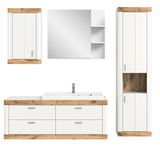 Moderne Badkombination in Weiß mit Holzdetails, bestehend aus einem Waschbeckenunterschrank, einem Spiegelschrank und einem Hochschrank, frontal abgebildet.