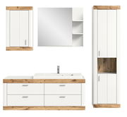 Moderne Badkombination in Weiß mit Holzdetails, bestehend aus einem Waschbeckenunterschrank, einem Spiegelschrank und einem Hochschrank, frontal abgebildet.