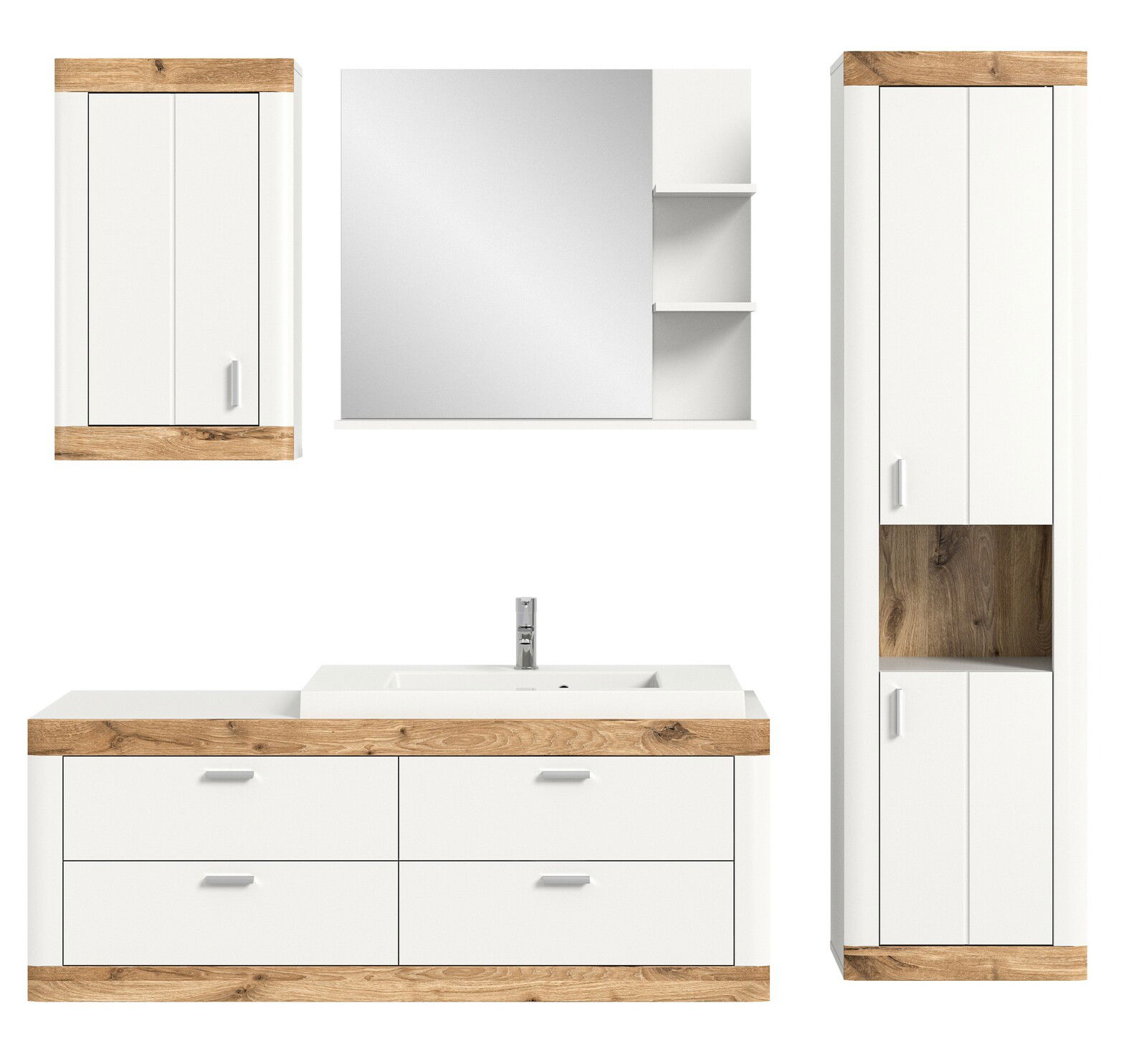 Moderne Badkombination in Weiß mit Holzdetails, bestehend aus einem Waschbeckenunterschrank, einem Spiegelschrank und einem Hochschrank, frontal abgebildet.