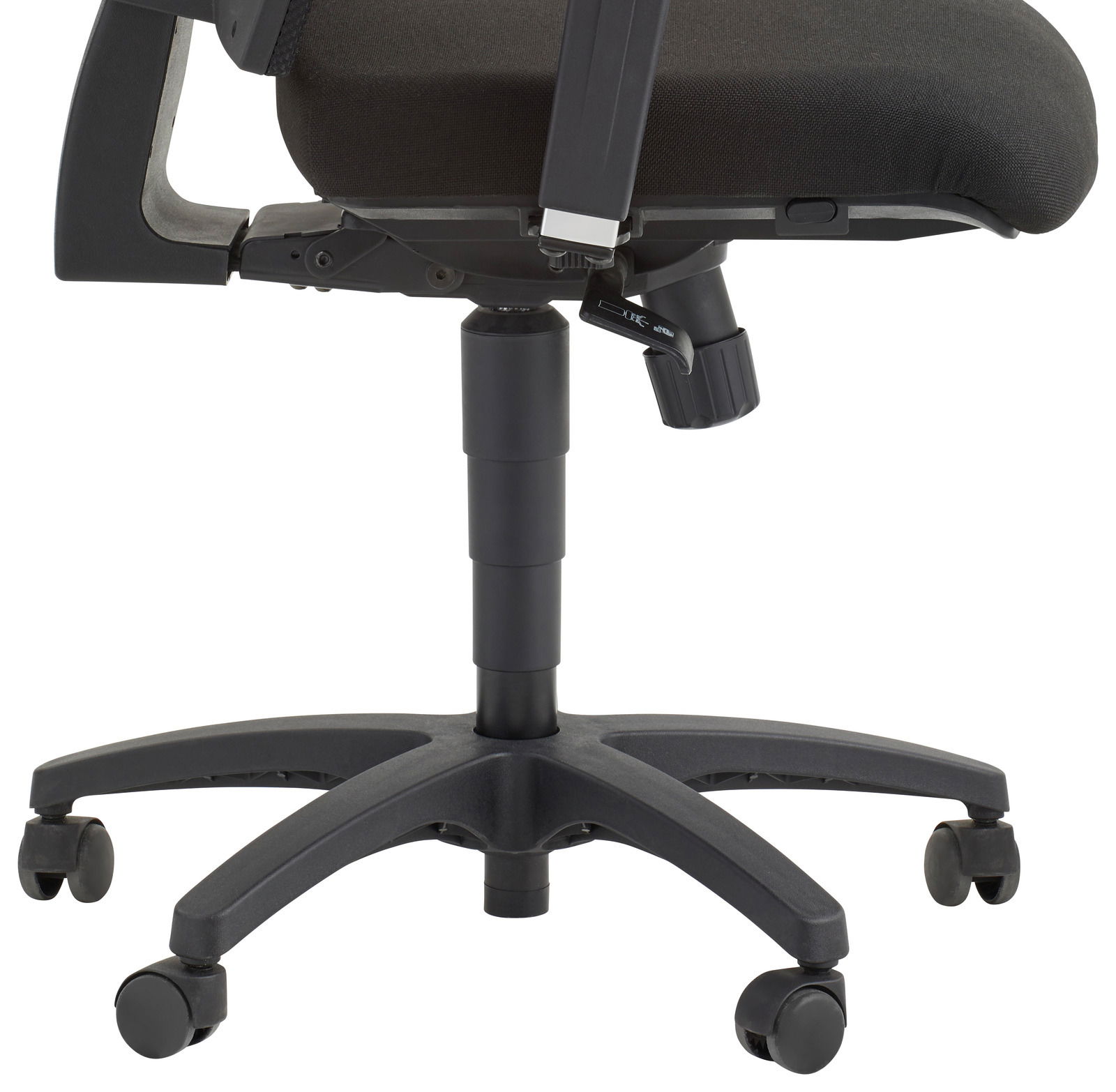 Seitenansicht eines schwarzen Drehstuhls mit verstellbarer Sitzhöhe und Rollen.