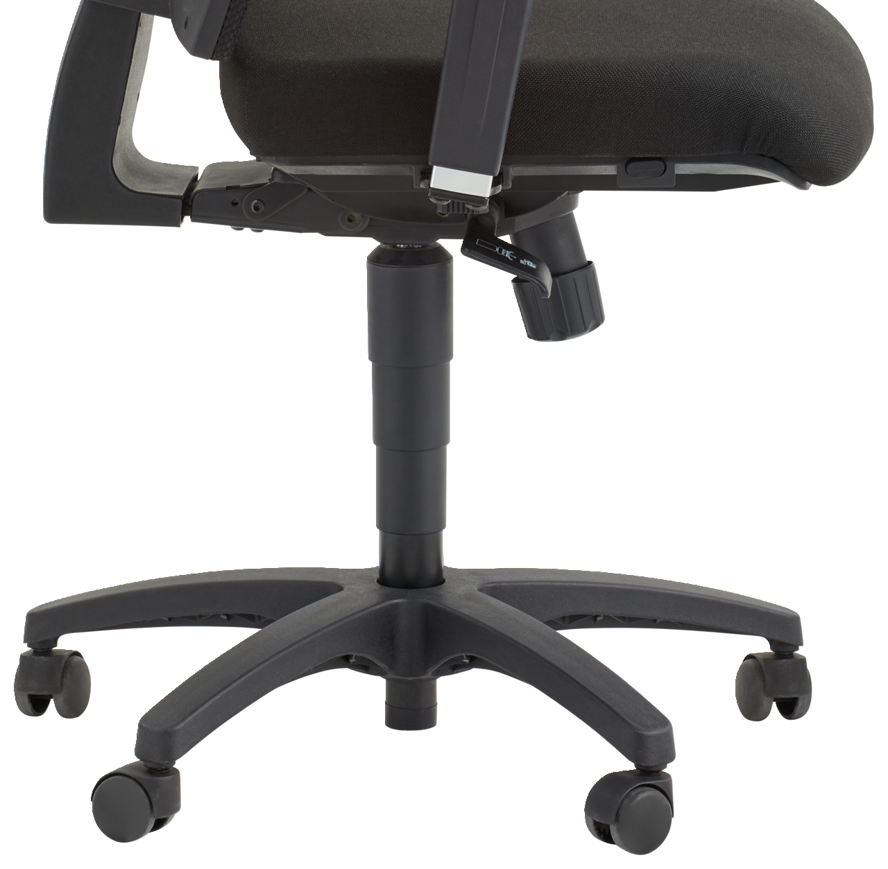 Seitenansicht eines schwarzen Drehstuhls mit verstellbarer Sitzhöhe und Rollen.