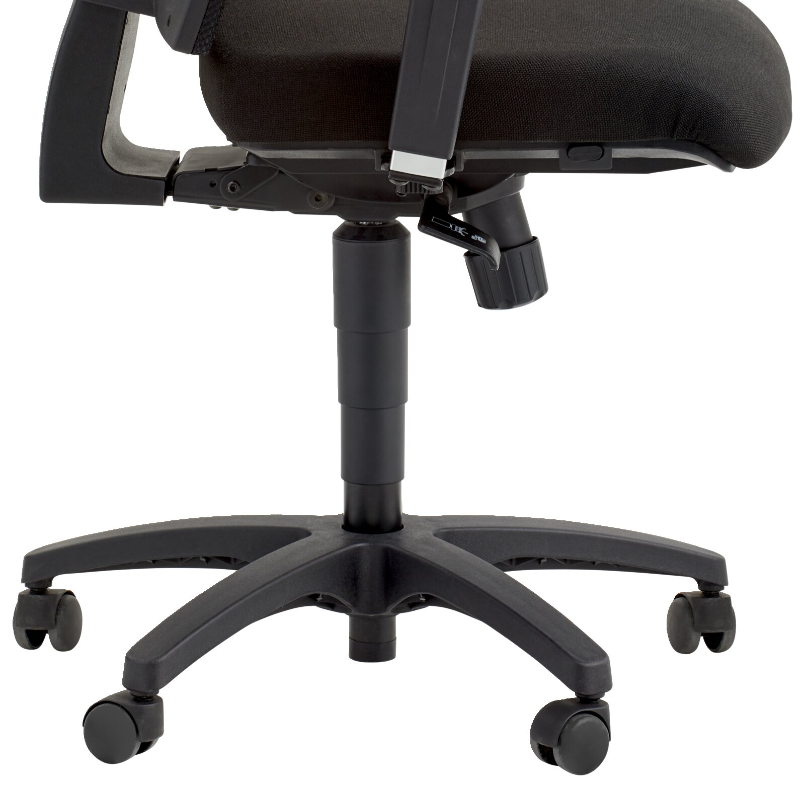 Seitenansicht eines schwarzen Drehstuhls mit verstellbarer Sitzhöhe und Rollen.