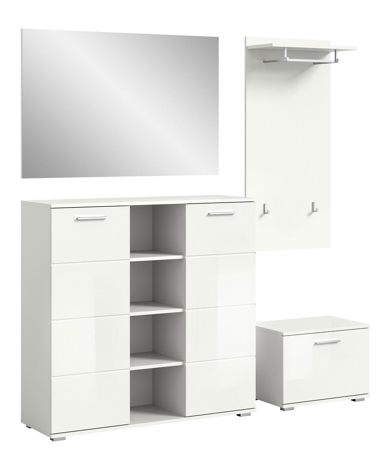 MID.YOU Garderobenkombination PREGO Garderobenkombination in Weiß, bestehend aus einem großen Spiegel, einem hohen Schrank mit offenen und geschlossenen Fächern, einer Wandpaneele mit Haken und Ablage sowie einem kleinen Schrank. Frontalansicht.