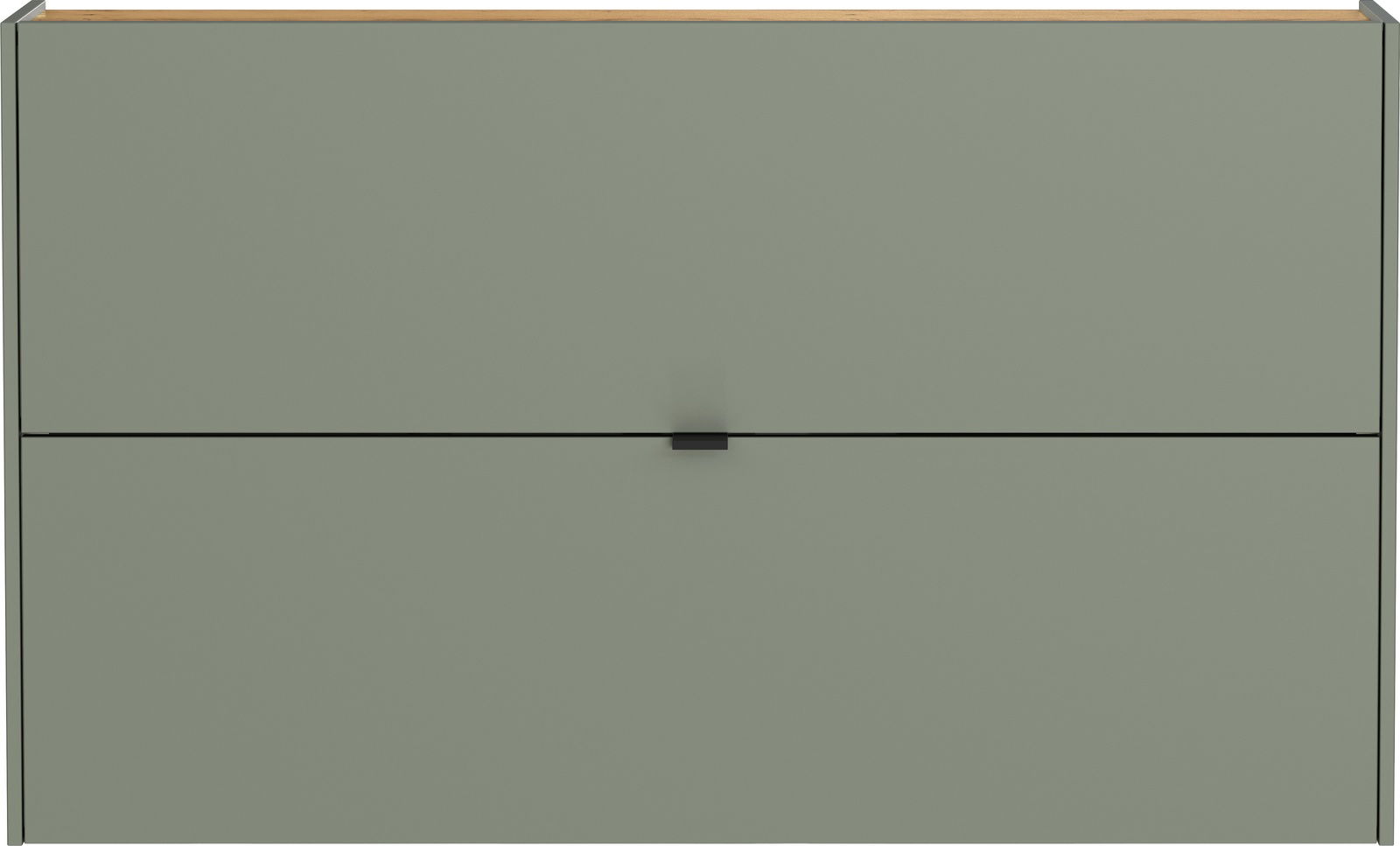 Frontansicht eines modernen, grünen Schuhschranks mit zwei Klappen und einem Holzdetail an der Oberseite.