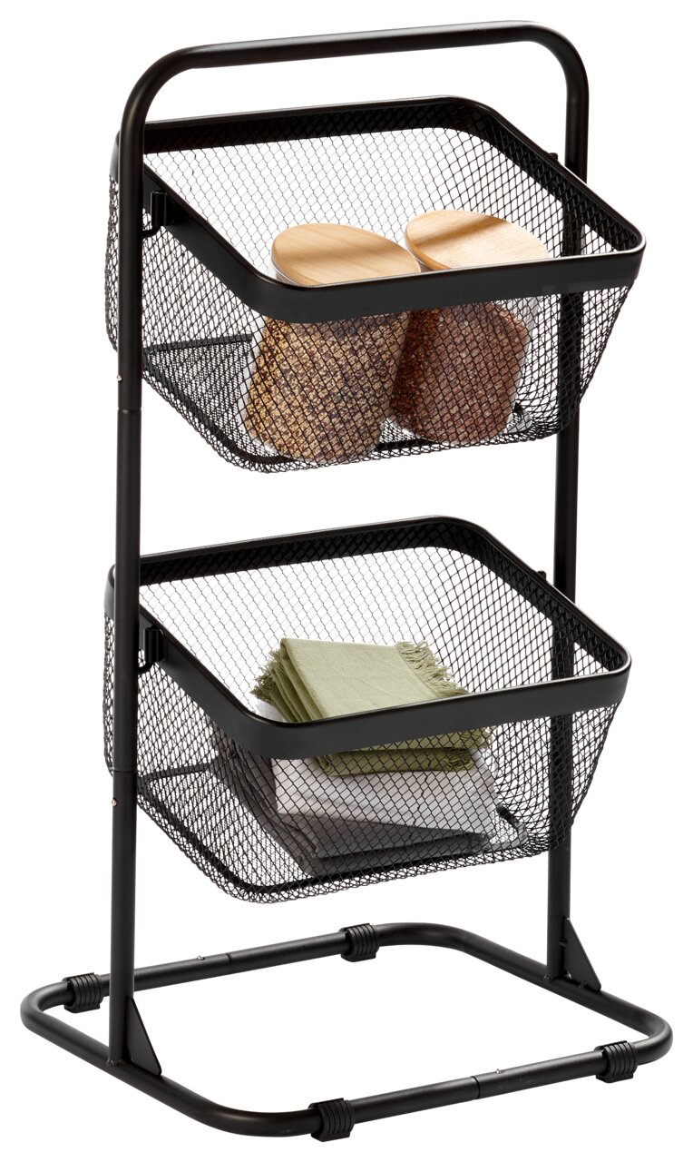 Küchen-Organizer-Set mit zwei schwarzen Drahtkörben, gefüllt mit Vorratsgläsern und Handtüchern, seitliche Perspektive