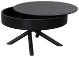 Moderner schwarzer Couchtisch mit rundem, drehbarem Deckel und dreibeinigem Gestell, seitliche Perspektive