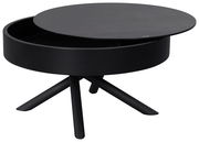 Moderner schwarzer Couchtisch mit rundem, drehbarem Deckel und dreibeinigem Gestell, seitliche Perspektive