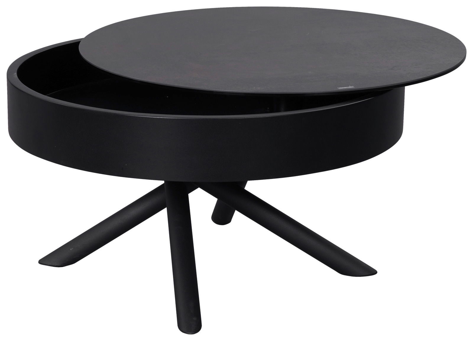 Novel Couchtisch STROMBOLI Moderner schwarzer Couchtisch mit rundem, drehbarem Deckel und dreibeinigem Gestell, seitliche Perspektive