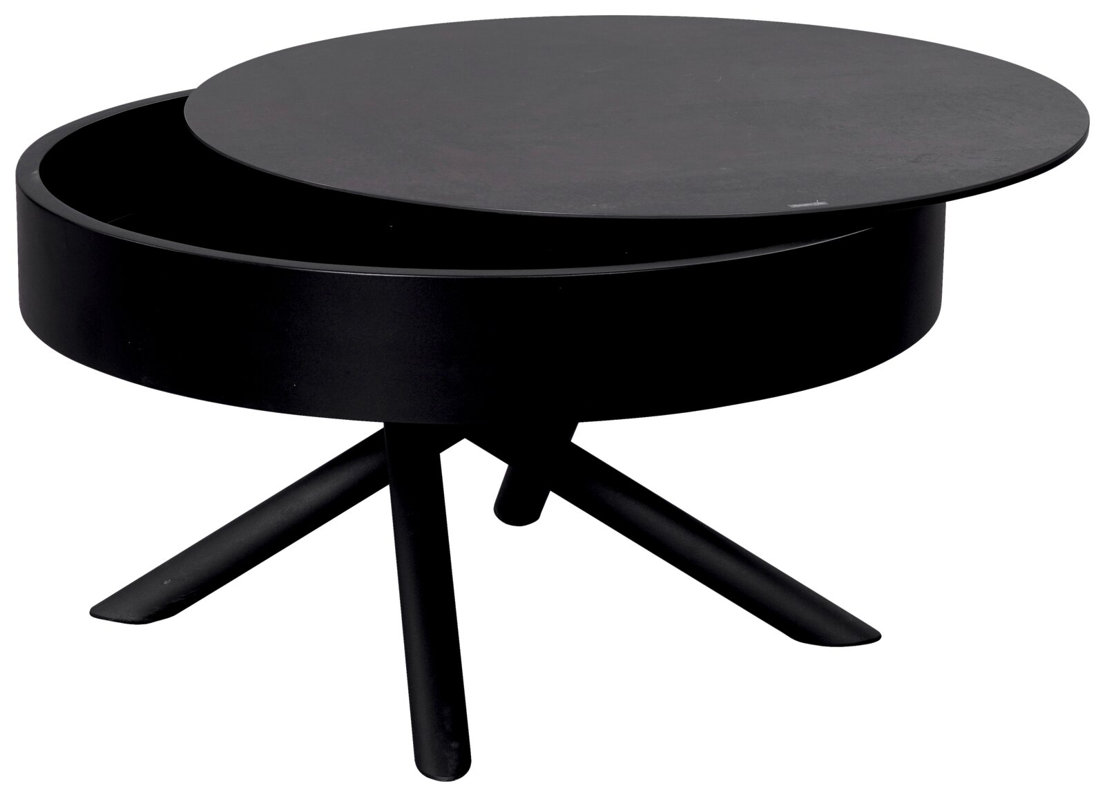 Novel Couchtisch STROMBOLI Moderner schwarzer Couchtisch mit rundem, drehbarem Deckel und dreibeinigem Gestell, seitliche Perspektive
