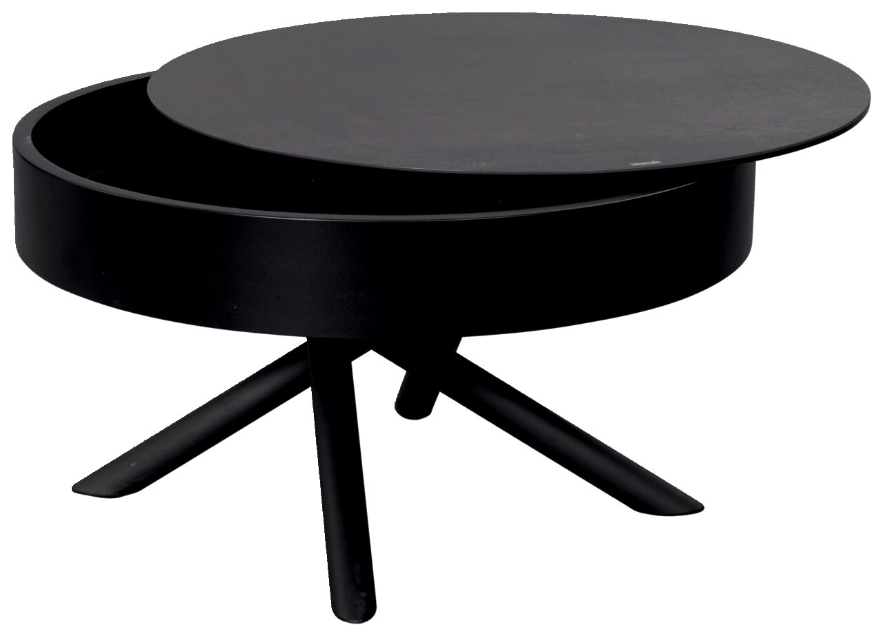 Moderner schwarzer Couchtisch mit rundem, drehbarem Deckel und dreibeinigem Gestell, seitliche Perspektive