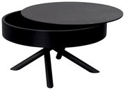 Moderner schwarzer Couchtisch mit rundem, drehbarem Deckel und dreibeinigem Gestell, seitliche Perspektive