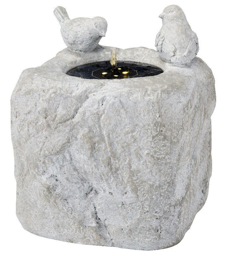 Steinbrunnen mit zwei Vogelstatuen und fließendem Wasser, Frontalansicht