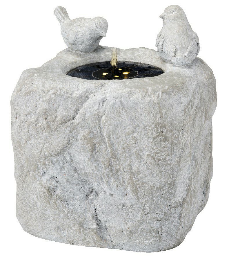 Steinbrunnen mit zwei Vogelstatuen und fließendem Wasser, Frontalansicht