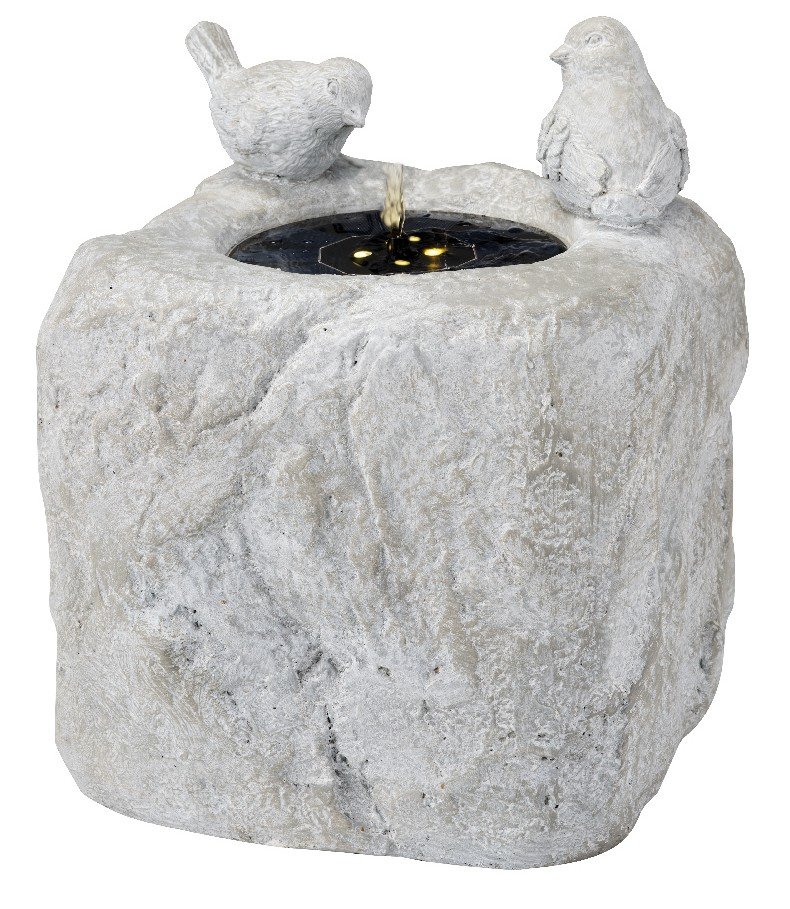 Steinbrunnen mit zwei Vogelstatuen und fließendem Wasser, Frontalansicht