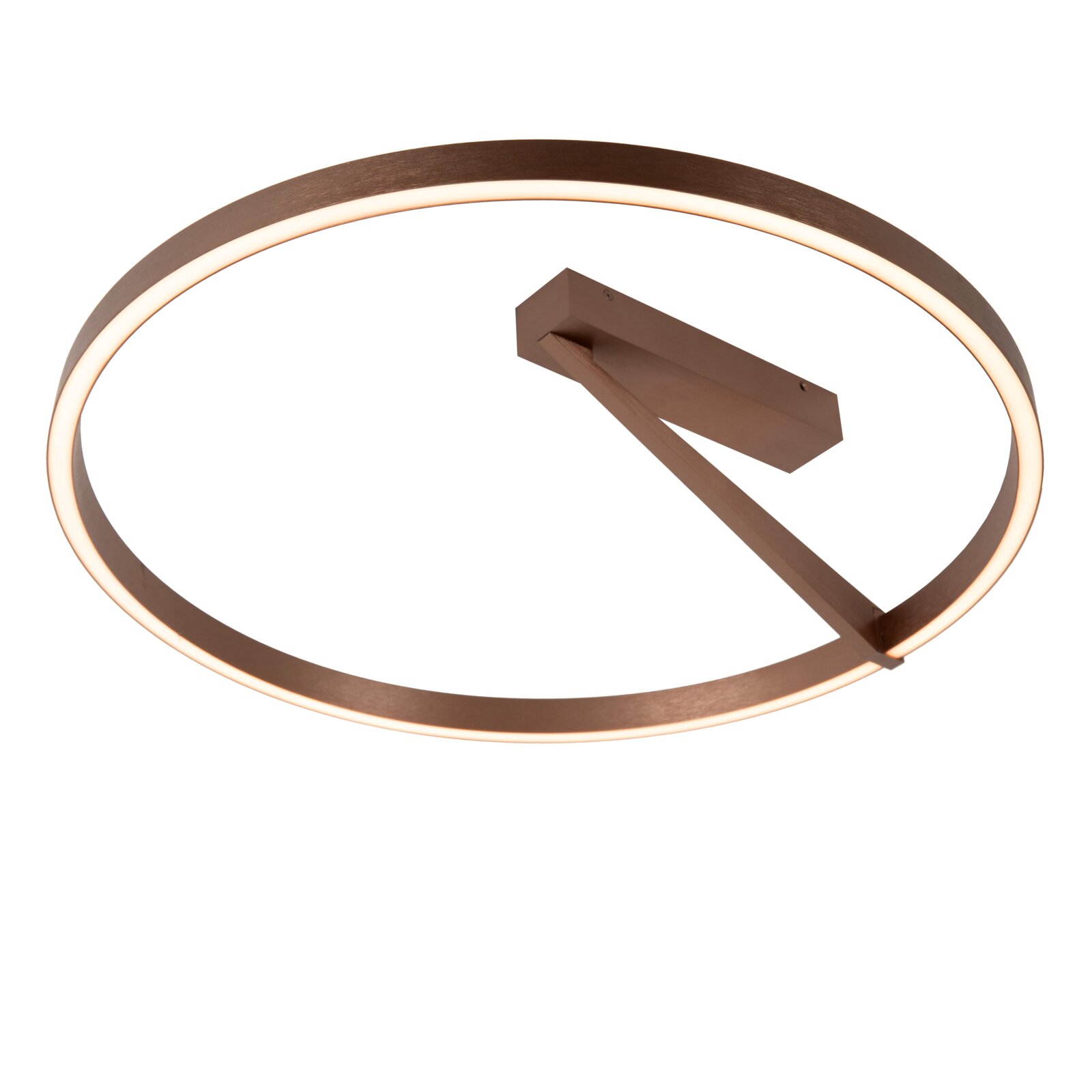 Moderne runde LED-Deckenleuchte in Bronze/Metalloptik mit ringförmigem Lichtband, schräg von unten in Nahaufnahme fotografiert