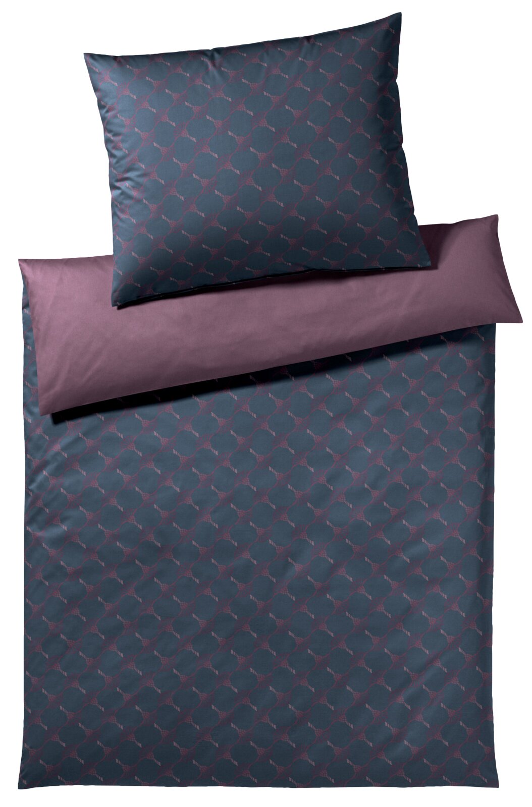 Bettwäsche-Set in Draufsicht mit geometrischem Muster in Dunkelgrau und Lila.