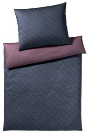 Bettwäsche-Set in Draufsicht mit geometrischem Muster in Dunkelgrau und Lila.
