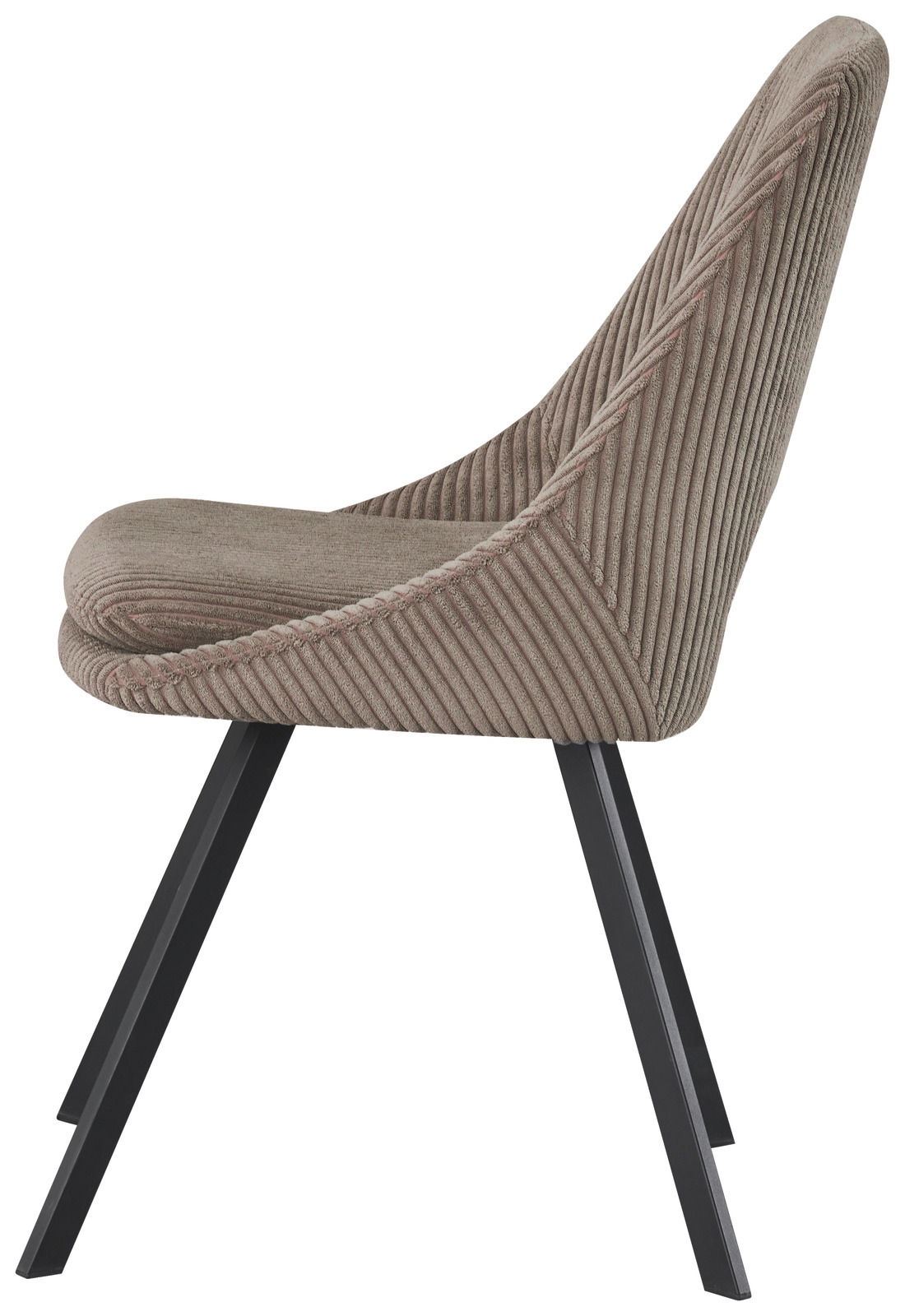 Seitenansicht eines modernen Stuhls mit gepolstertem, geripptem Stoffbezug und schwarzen Metallbeinen.