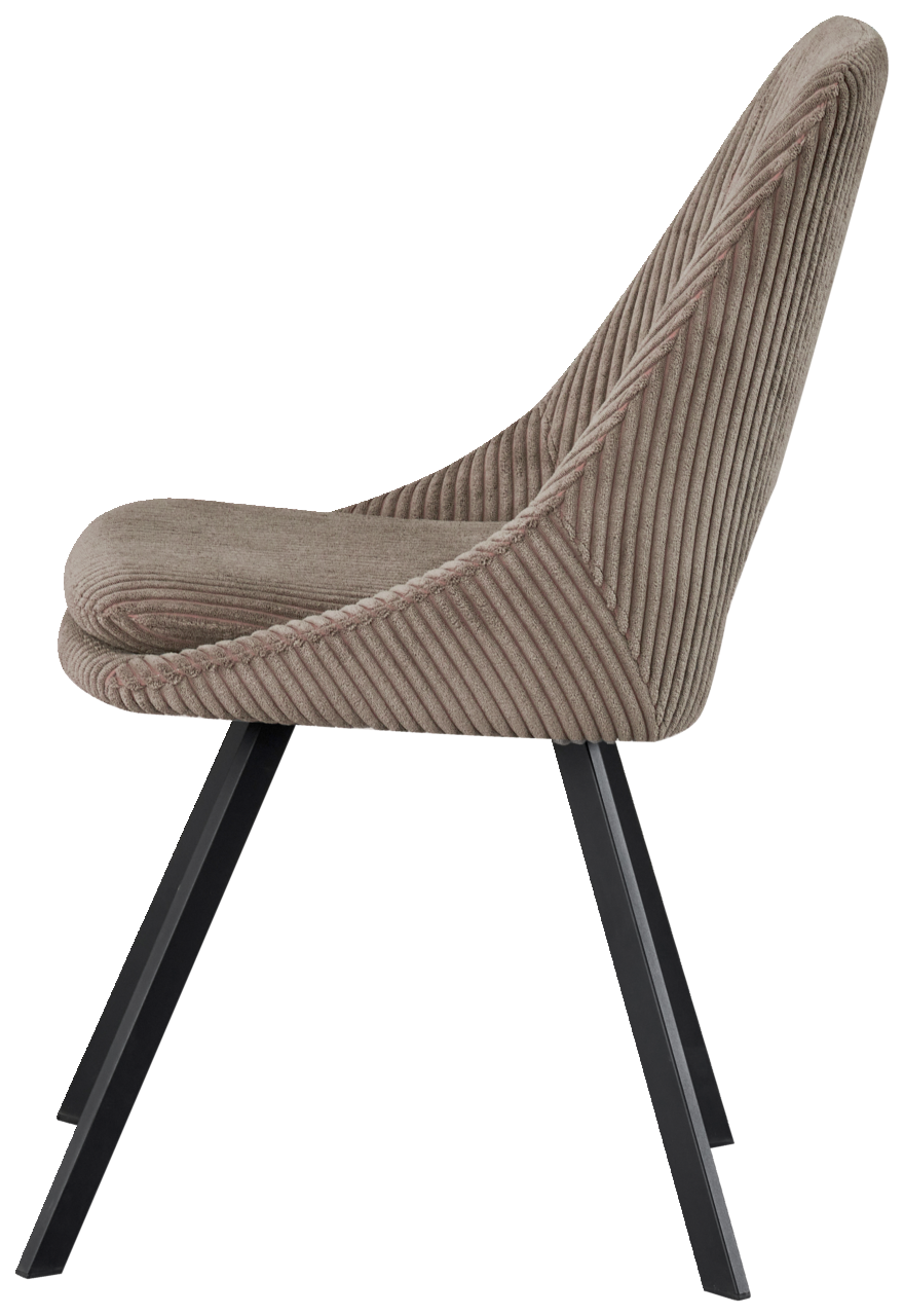 Z2 Stuhl FLAVIO Seitenansicht eines modernen Stuhls mit gepolstertem, geripptem Stoffbezug und schwarzen Metallbeinen.
