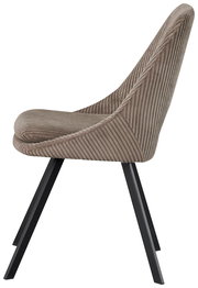 Seitenansicht eines modernen Stuhls mit gepolstertem, geripptem Stoffbezug und schwarzen Metallbeinen.