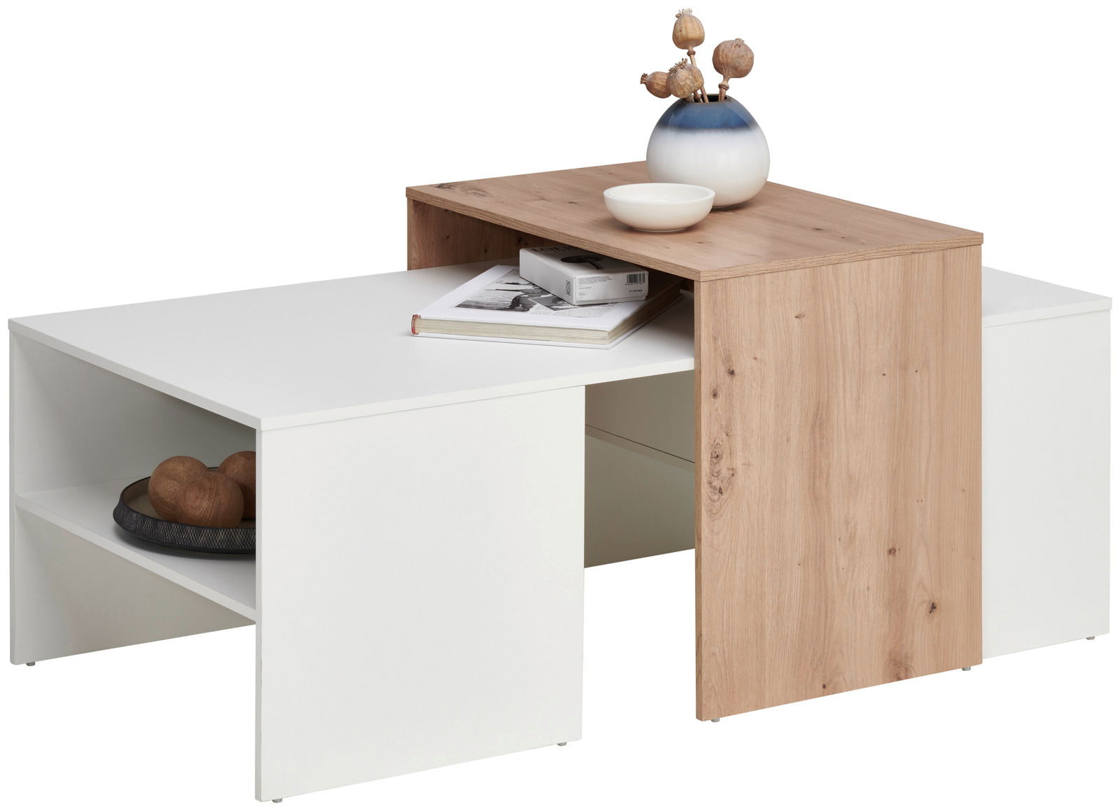 Moderner Couchtisch mit weißem und holzfarbenem Design, seitliche Perspektive