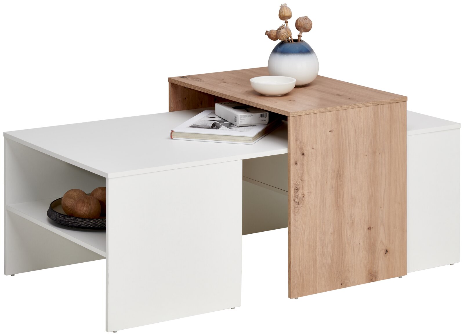 Moderner Couchtisch mit weißem und holzfarbenem Design, seitliche Perspektive