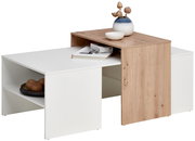 Moderner Couchtisch mit weißem und holzfarbenem Design, seitliche Perspektive