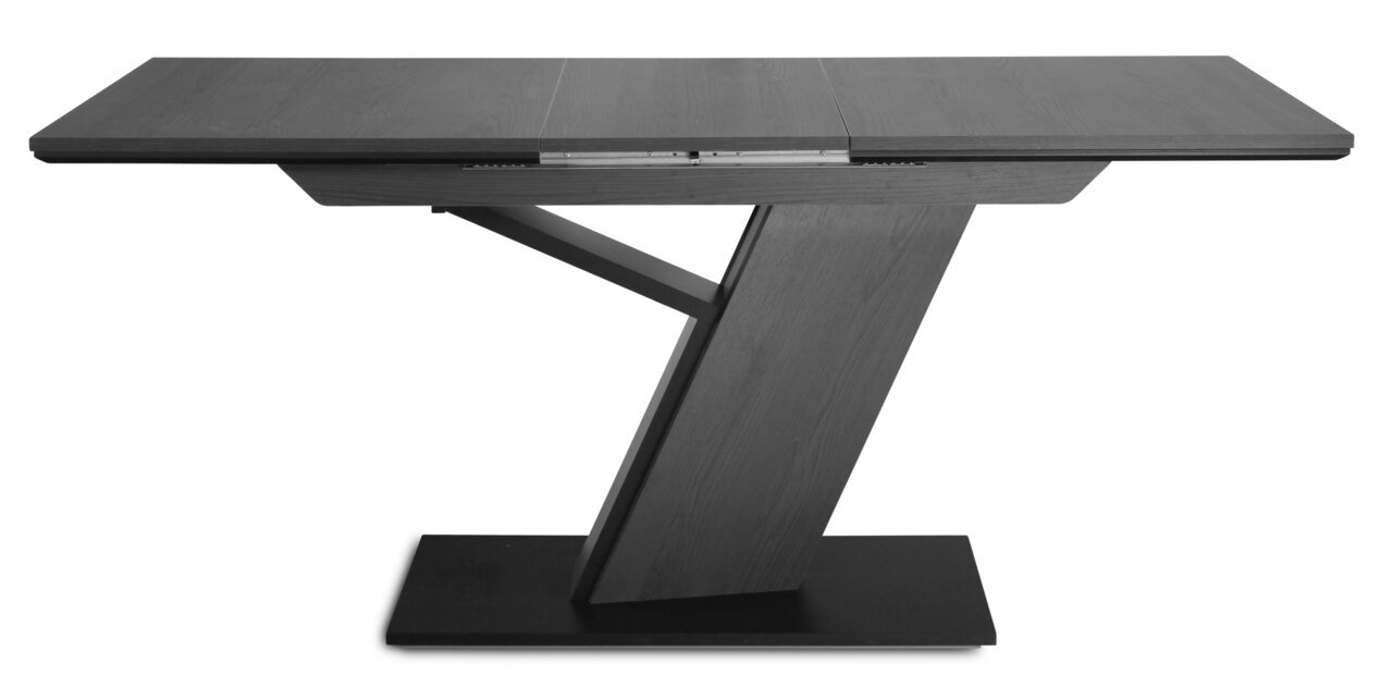 Moderner Tisch mit schrägem, geometrischem Fuß, seitliche Perspektive