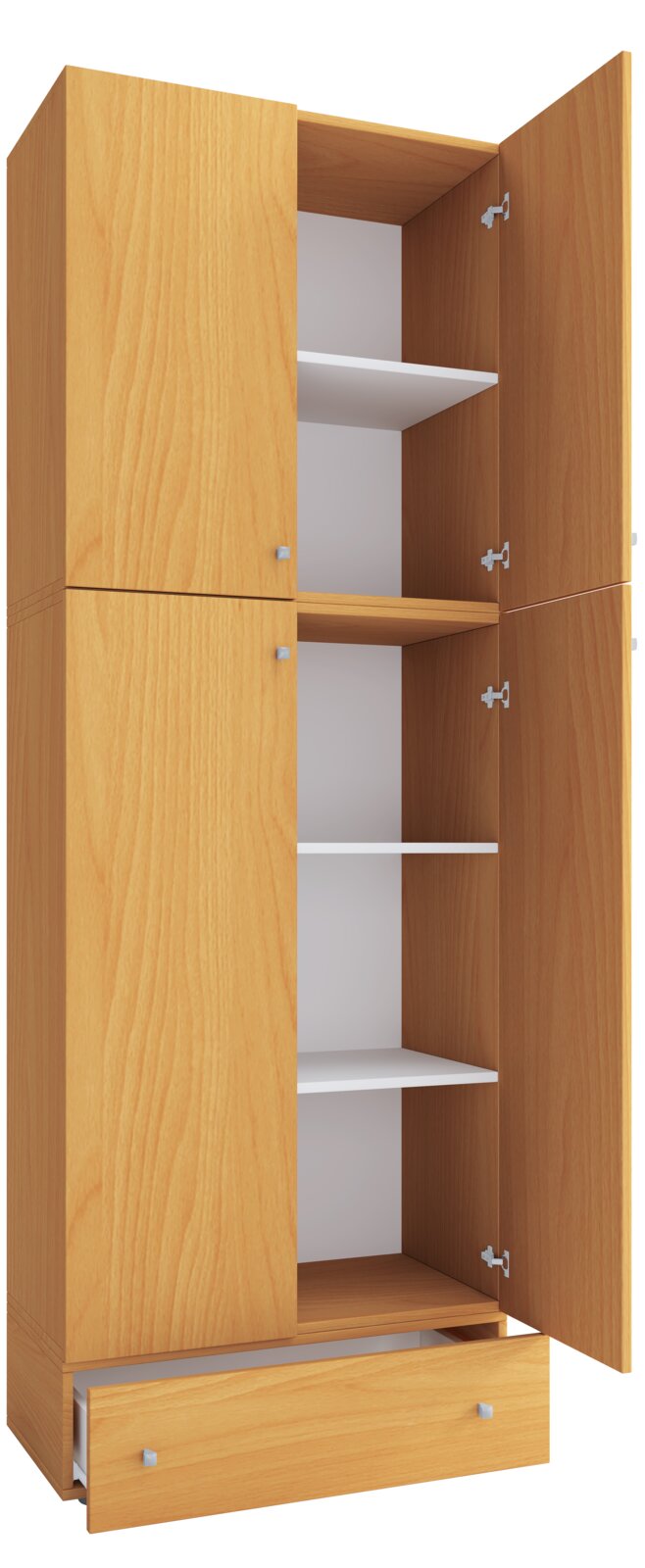 VCM Kleiderschrank LONA Hoher Holzschrank in heller Holzoptik mit geöffneten Türen und ausgezogener Schublade, Innenraum mit weißen Einlegeböden; Frontansicht leicht schräg von vorn.