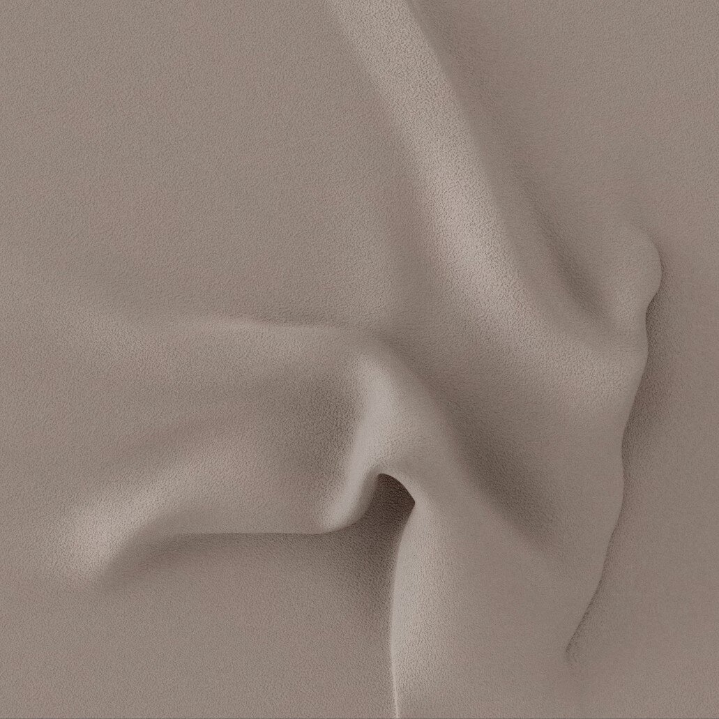 Nahaufnahme aus schräger Draufsicht: weich fallender, beigefarbener Stoff mit feiner, samtiger Struktur und Faltenwurf