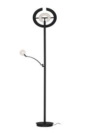 Moderner LED-Deckenfluter in schwarzem Design mit zwei runden Leuchtelementen, frontal abgebildet.