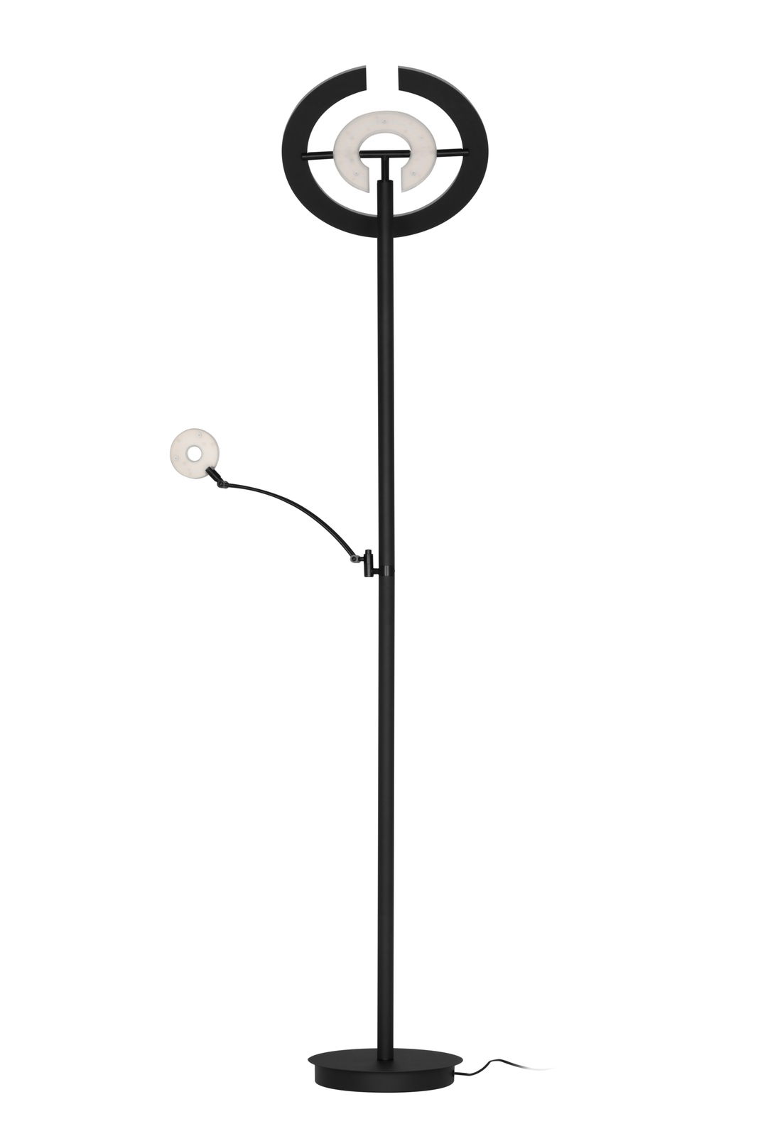 Moderner LED-Deckenfluter in schwarzem Design mit zwei runden Leuchtelementen, frontal abgebildet.