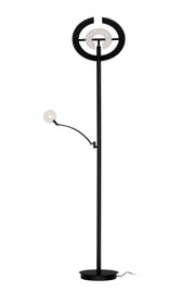 Moderne LED-plafondspot in zwart met twee ronde lichtelementen, afgebeeld van voren.