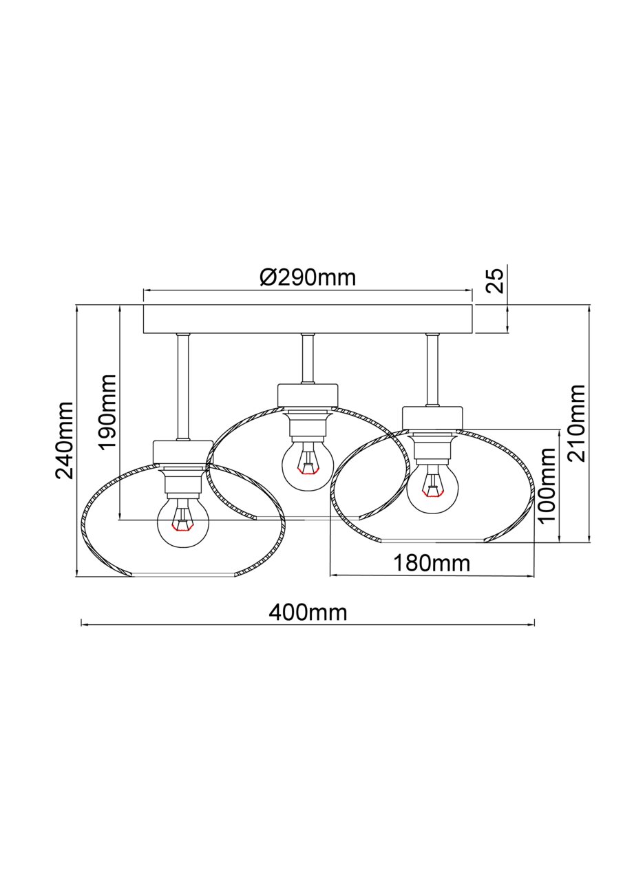 Technische Zeichnung einer Deckenleuchte mit drei Lampenfassungen, seitliche Perspektive