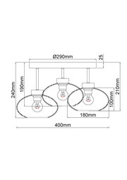 Technische Zeichnung einer Deckenleuchte mit drei Lampenfassungen, seitliche Perspektive