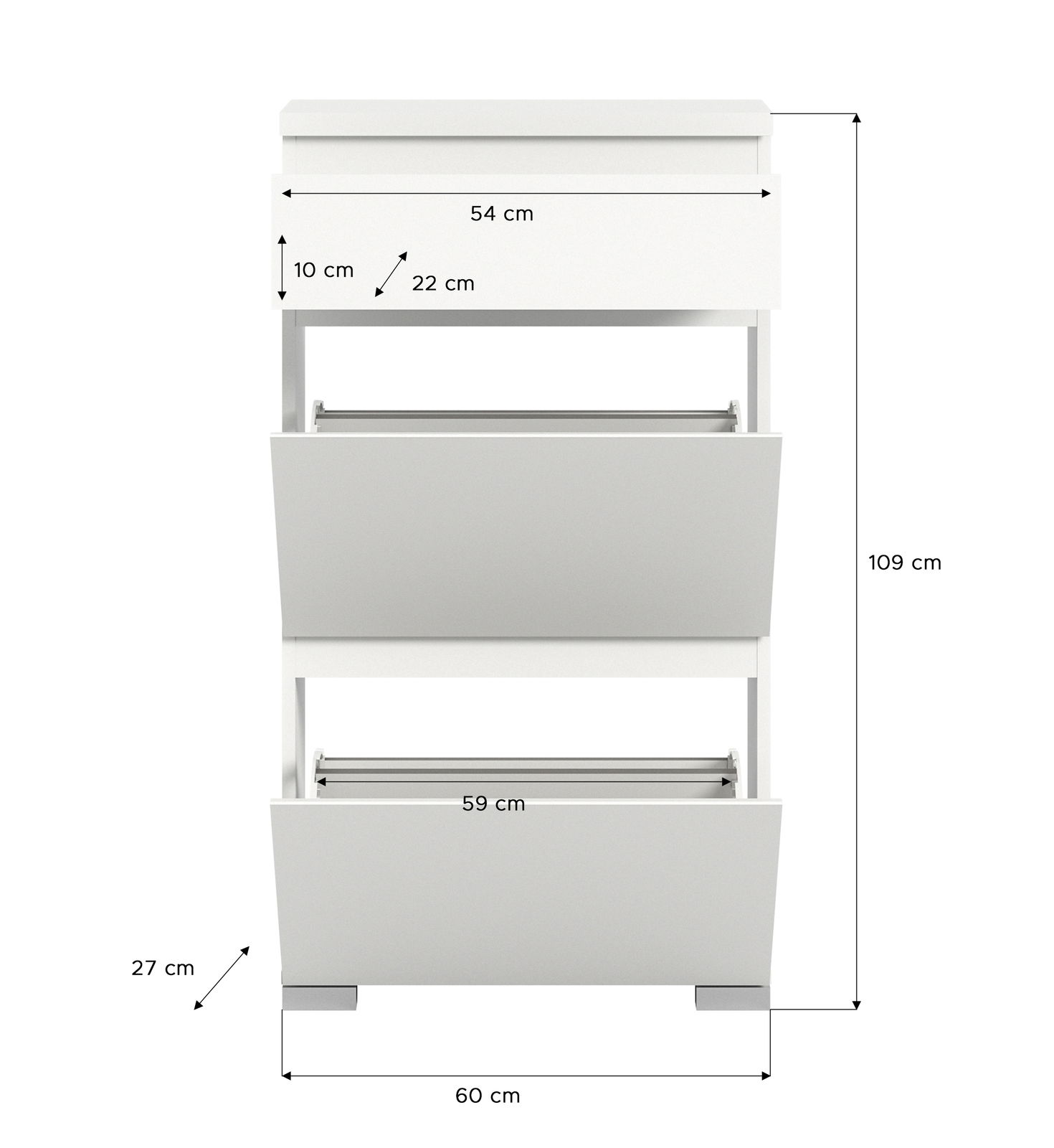 Weißer Schuhschrank mit drei Klappfächern, Frontansicht, Maße: 109 cm hoch, 60 cm breit, 27 cm tief.