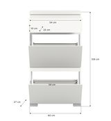 Weißer Schuhschrank mit drei Klappfächern, Frontansicht, Maße: 109 cm hoch, 60 cm breit, 27 cm tief.