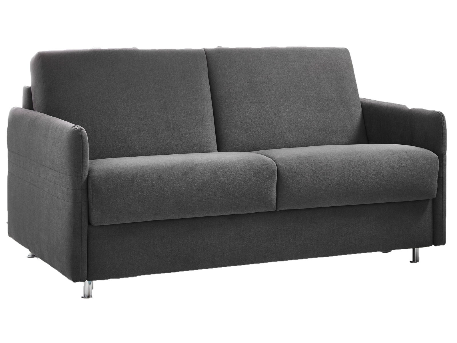 Graues Schlafsofa mit zwei Sitzkissen und Armlehnen, seitliche Perspektive