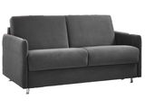 Graues Schlafsofa mit zwei Sitzkissen und Armlehnen, seitliche Perspektive