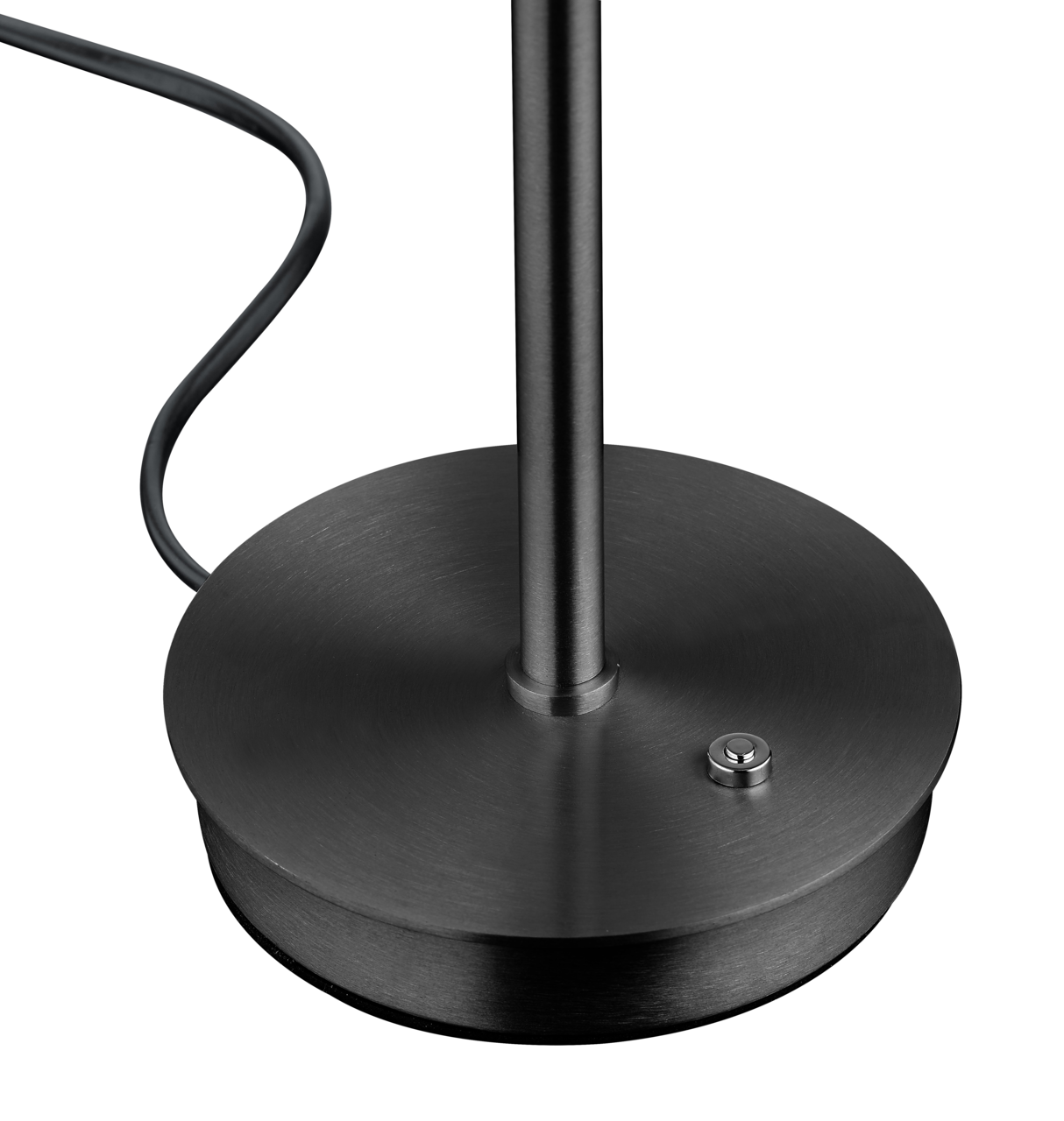 Nahaufnahme der Basis einer LED-Tischleuchte in schwarzem Metall mit einem Kabel und einem Schalter.