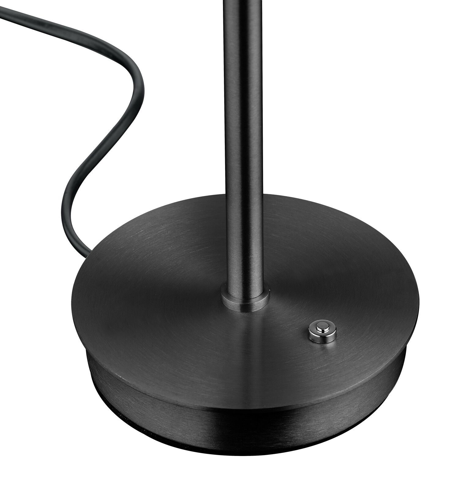 Nahaufnahme der Basis einer LED-Tischleuchte in schwarzem Metall mit einem Kabel und einem Schalter.