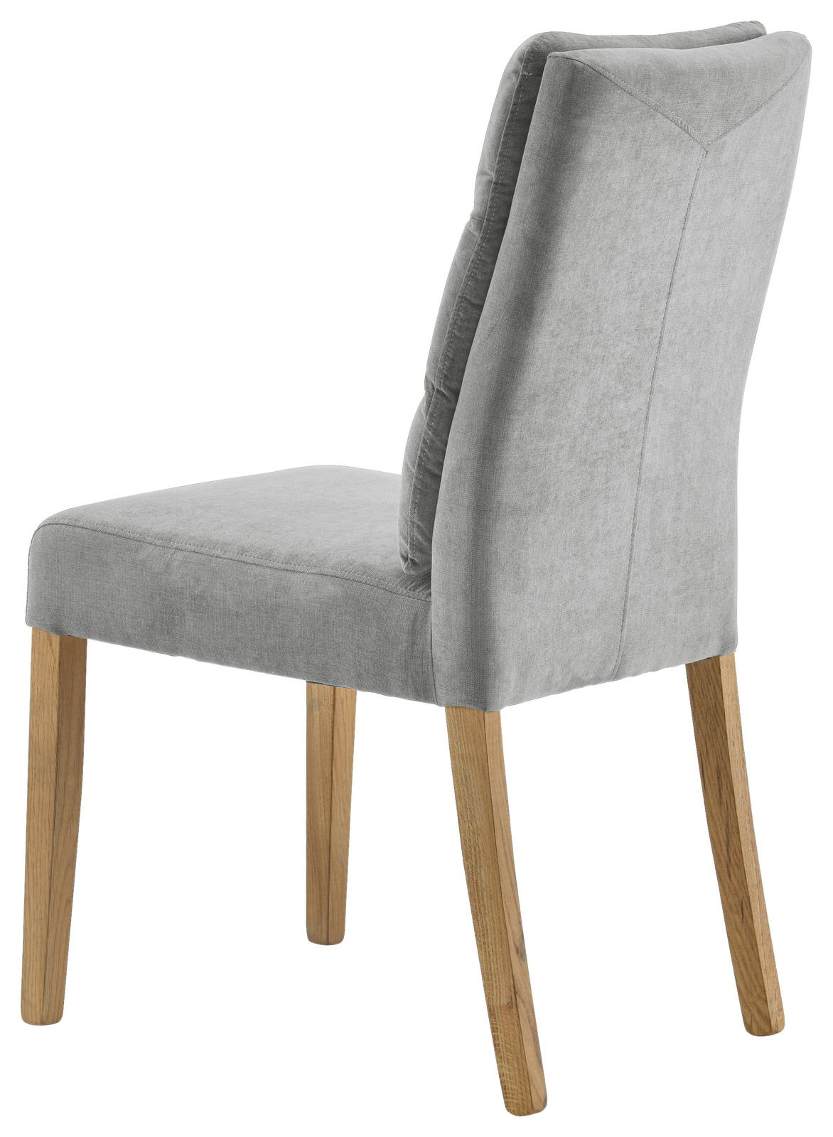 Grauer Stuhl mit gepolsterter Rückenlehne und Holzbeinen, seitliche Perspektive