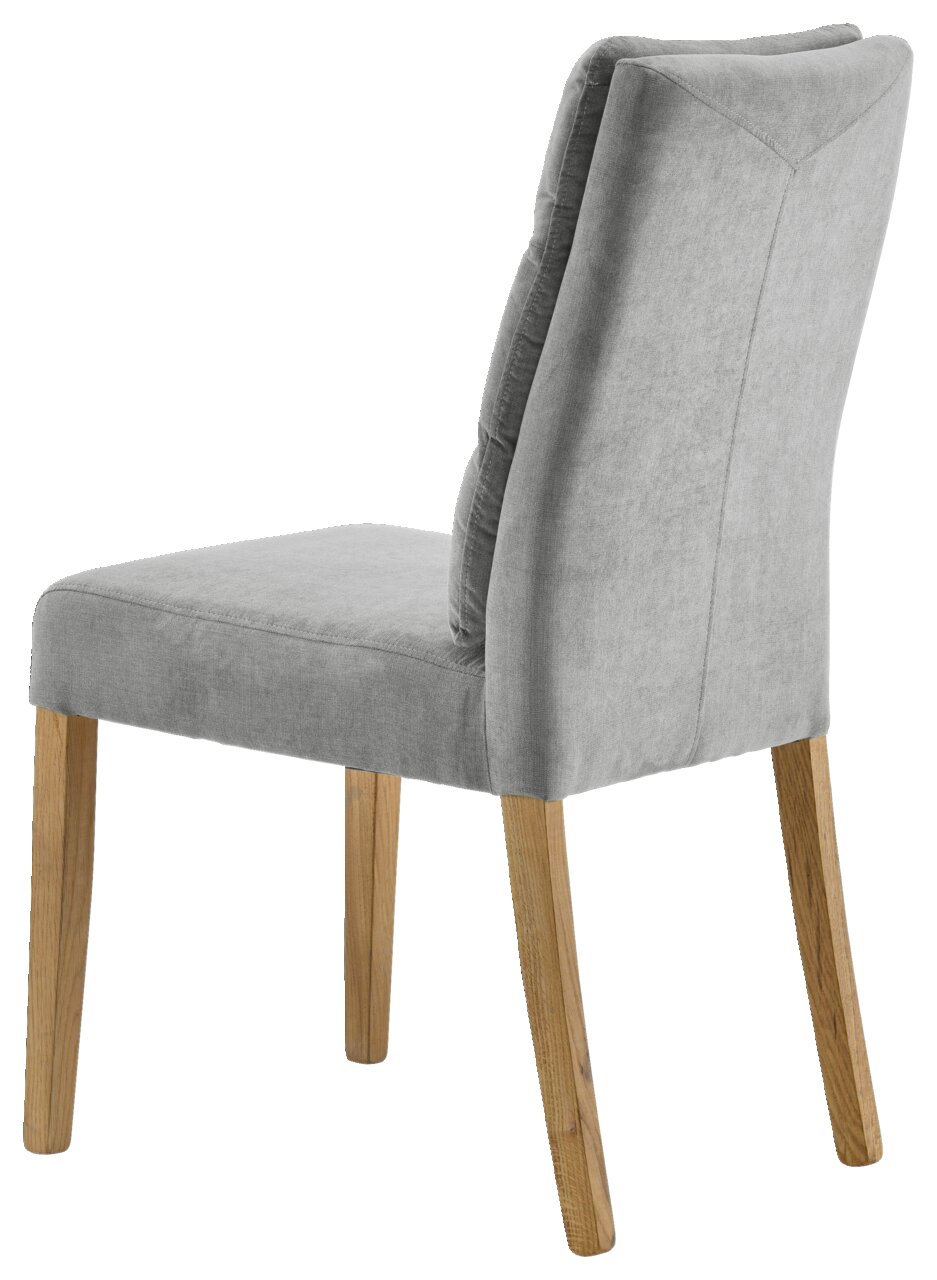 Grauer Stuhl mit gepolsterter Rückenlehne und Holzbeinen, seitliche Perspektive