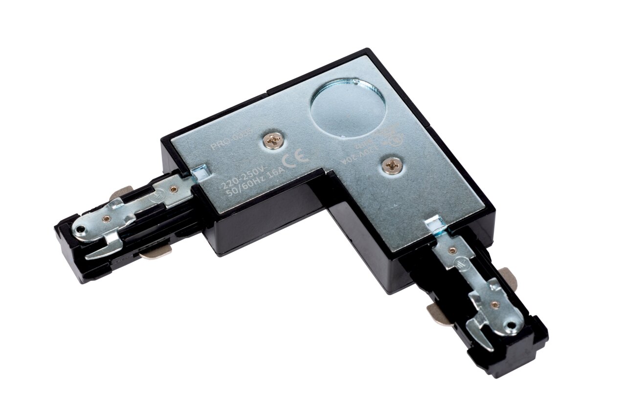 L-Verbinder links in Schwarz von Lucide, Draufsicht auf das Produkt mit sichtbaren Metallverbindungen und Schrauben.
